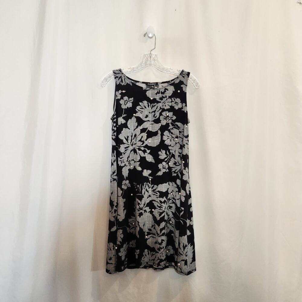 ROZ & ALI Black‎ White Houndstooth Plaid Floral Pearl Embellished Artsy Dress XS
